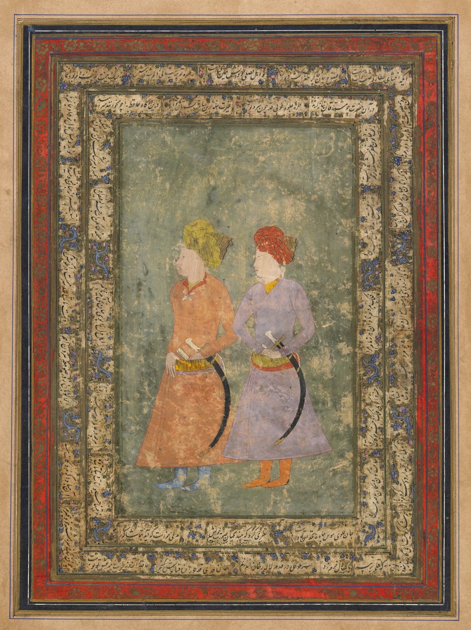 To persiske adelsmænd, løsrevet albumfolio med maleri, midten af 1600-tallet (ugennemsigtig akvarel, blæk og guld på papir) af Mughal School