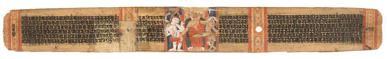 Folio 126b Buddhas Descent from the Heaven, fra Astasahasrika Prajnaparamita (blæk & farver på palmeblade og træ) (for detaljer se 430763) af Nepalese School