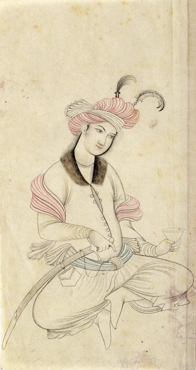 En persisk ungdom, der holder en vinkop med den anden hånd på grebet af sit sværd, efter en original fra Isfahan fra det tidlige 17. århundrede, ca. 1825-35 (pen, blæk og vask på papir) af Persian School