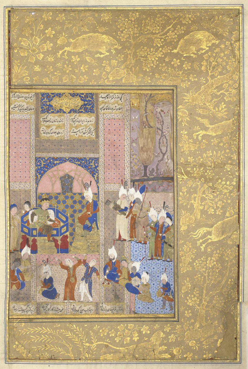 Alexander fester med kejseren af Kina, ca. 1525-50 (blæk, wc og guld på vellum) af Persian School