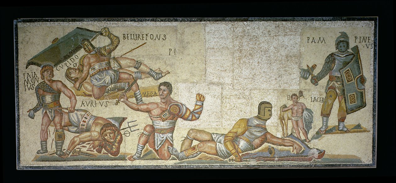Battle between Gladiators, 320 AD (mosaik) af Roman