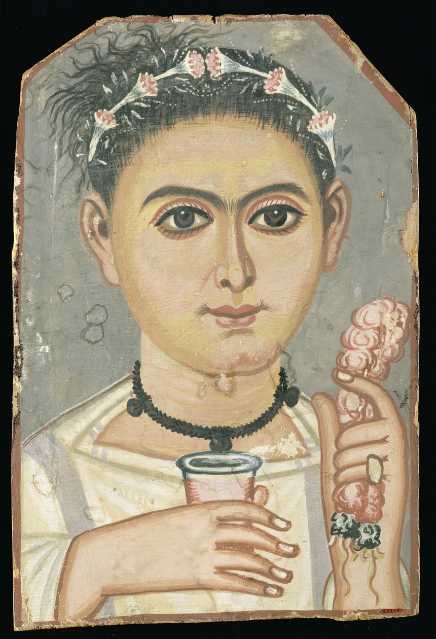 Portræt af en ung person: dreng med en blomsterkrans i håret, muligvis fra Er-Rubiyat, Faiyum, Egypten, ca. 200-230 (tempera på træ) af Roman