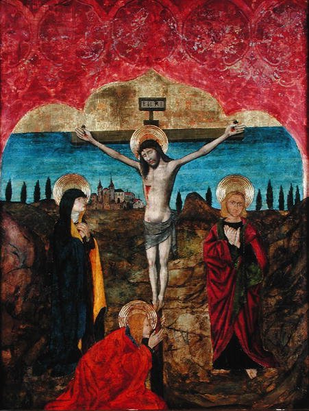 Kristus på korset mellem Jomfruen, Sankt Johannes og Maria Magdalena (tempera på panel) af Spanish School