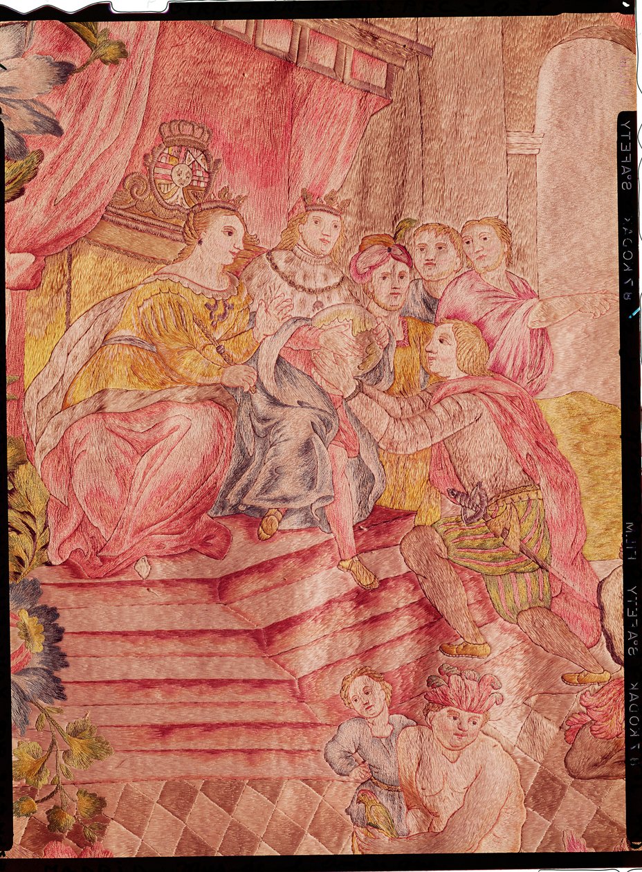 Christopher Columbus (1450-1506) før Ferdinand II (1452-1516) af Aragon, da han vendte tilbage fra opdagelsen af Amerika (silkebroderi) af Spanish School