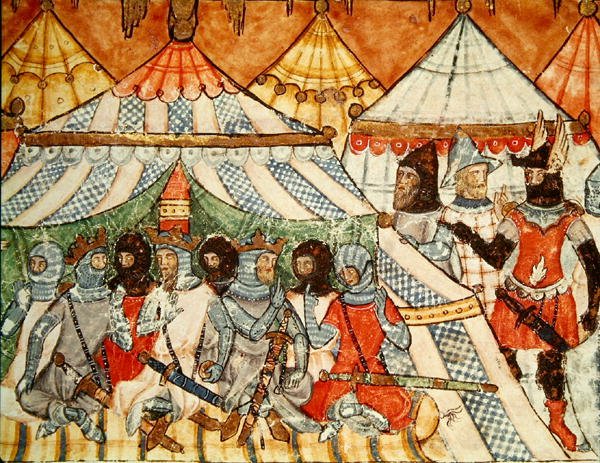 Fol.115r Calchas, der overtaler grækerne til ikke at marchere mod Troja, fra Codex Benito Santa Mora af Spanish School