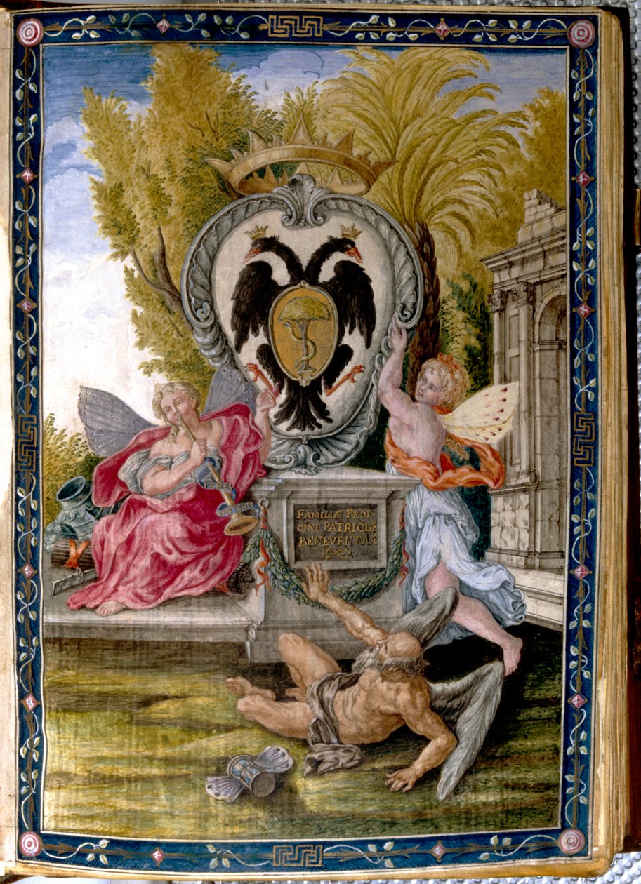 Crest af en adelig familie fra Benevento, Pedicini: oplyst side fra Missal kendt som Dragone, opstaldet i Biblioteca Capitolare i Benevento af Unknown