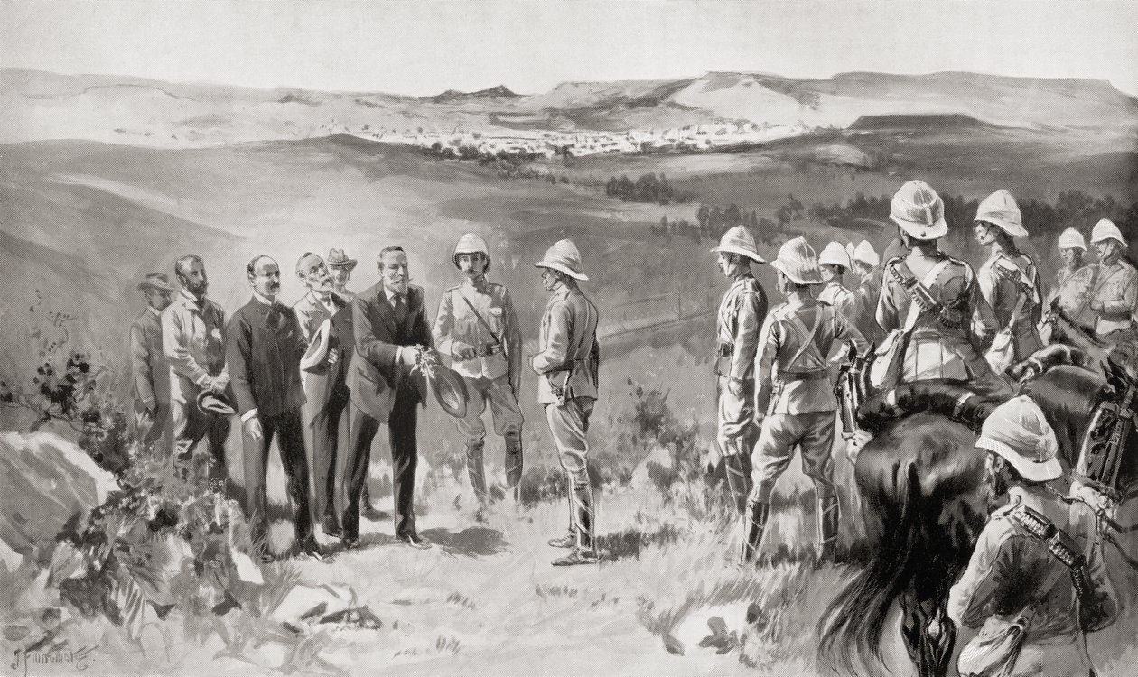 Den formelle overgivelse af Bloefontein til Lord Roberts af hr. Pappenfus, hr. Kellner og hr. Collins den 14. marts 1900 fra bogen South Africa and the Transvaal War af Louis Creswicke, pub. 1900 af Unknown