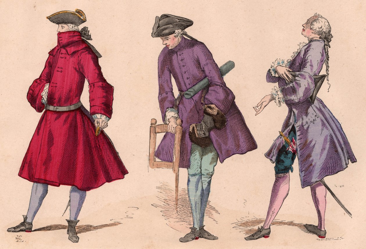 Tre mænd i 1700-tallets dragter med frockcoats og trekløverhatte, herunder en borgerlig kjole og en ceremonikjole (farvestik) af Unknown