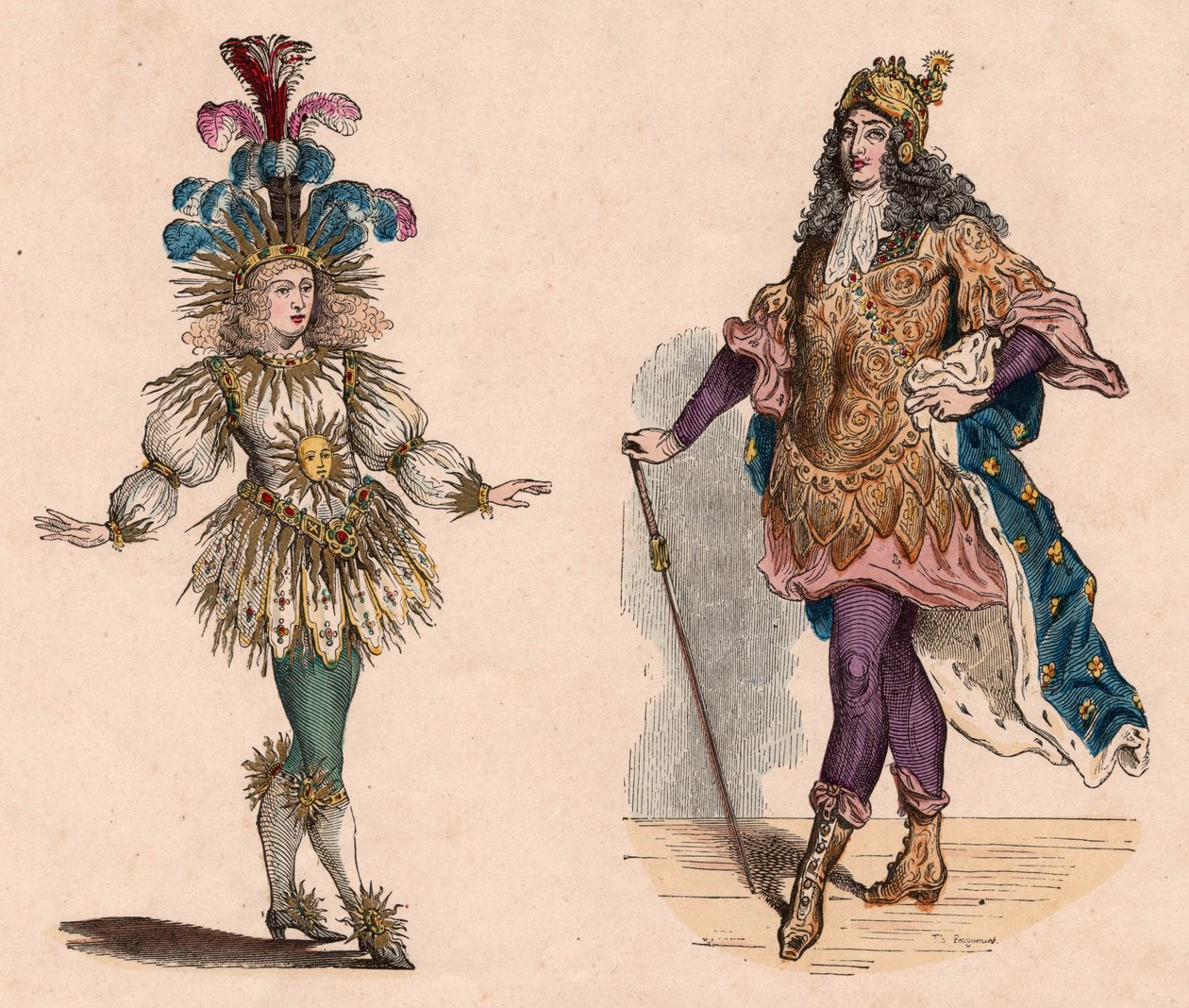 To visninger af Ludvig XIV i jakkesæt: en til teatret, der fremkalder solen med strudsefjer, en til karrusellen, med rustninger og kappeliljer af Unknown