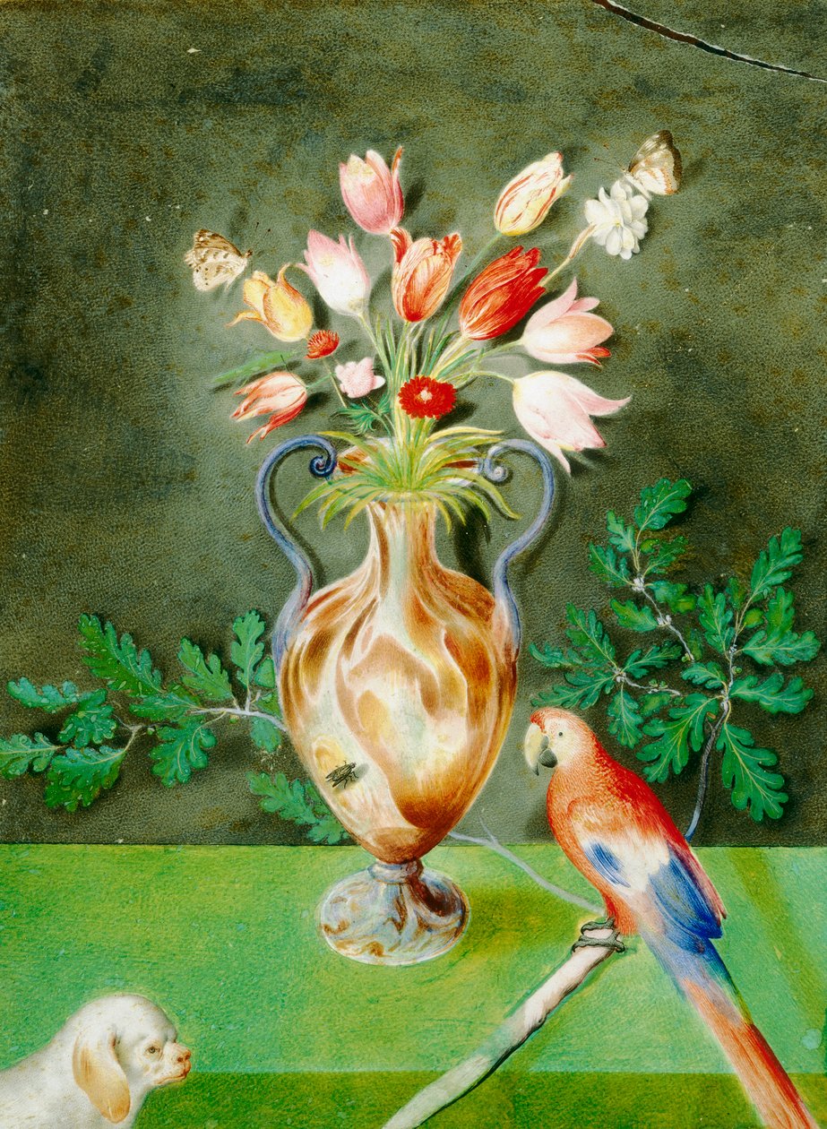 Vase med blomster, papegøje og skødehund, ca. 1600-25 af Unknown