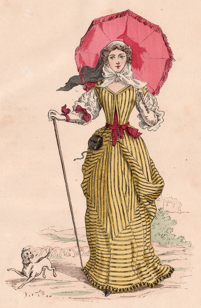 Ung fransk kvinde med elegant kostume fra XVII århundrede (farvegravering) af Unknown