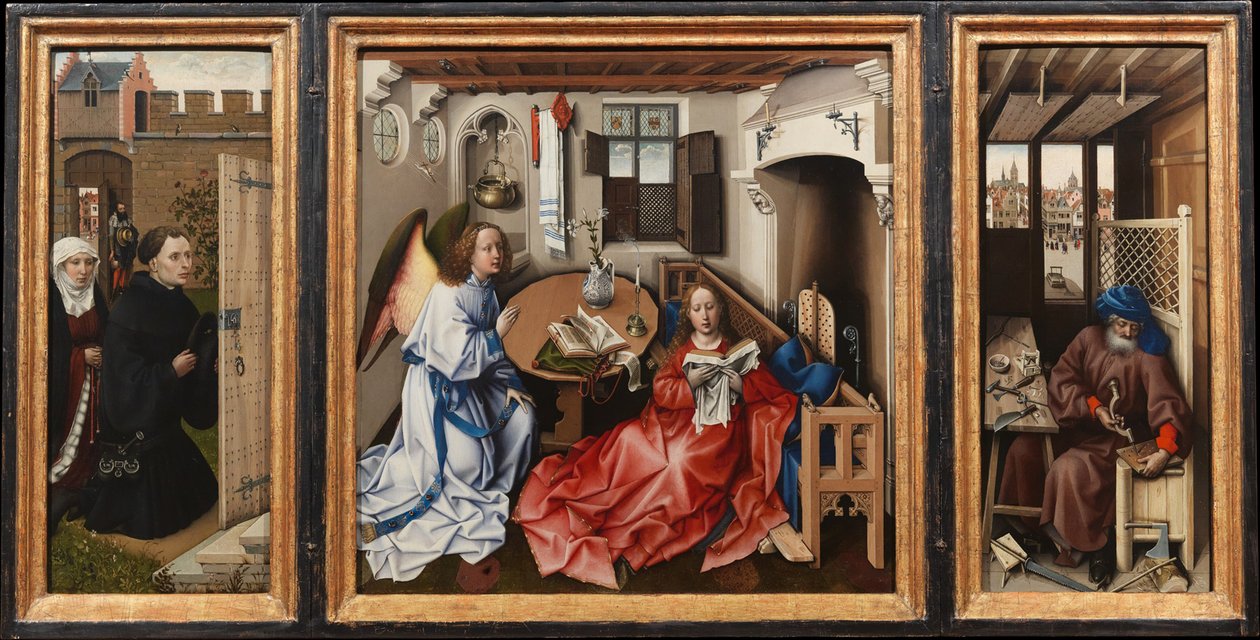 Bebudelse Triptykon (Merode altertavle), ca. 1427-32 (olie på eg) af 13758 1444 Master of Flemalle