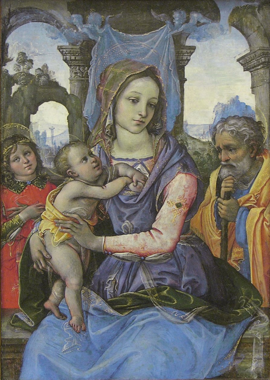 Madonna og barn med Sankt Josef og en engel, ca. 1490 (tempera på lærred, overført fra træ) af 1476 1524 Capponi