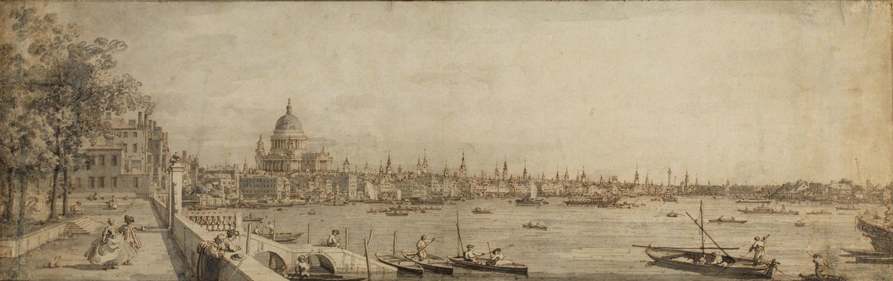 Themsen og London City fra Terrace of Somerset House (pen og brunt blæk med grå vask på papir) af Giovanni Antonio Canal