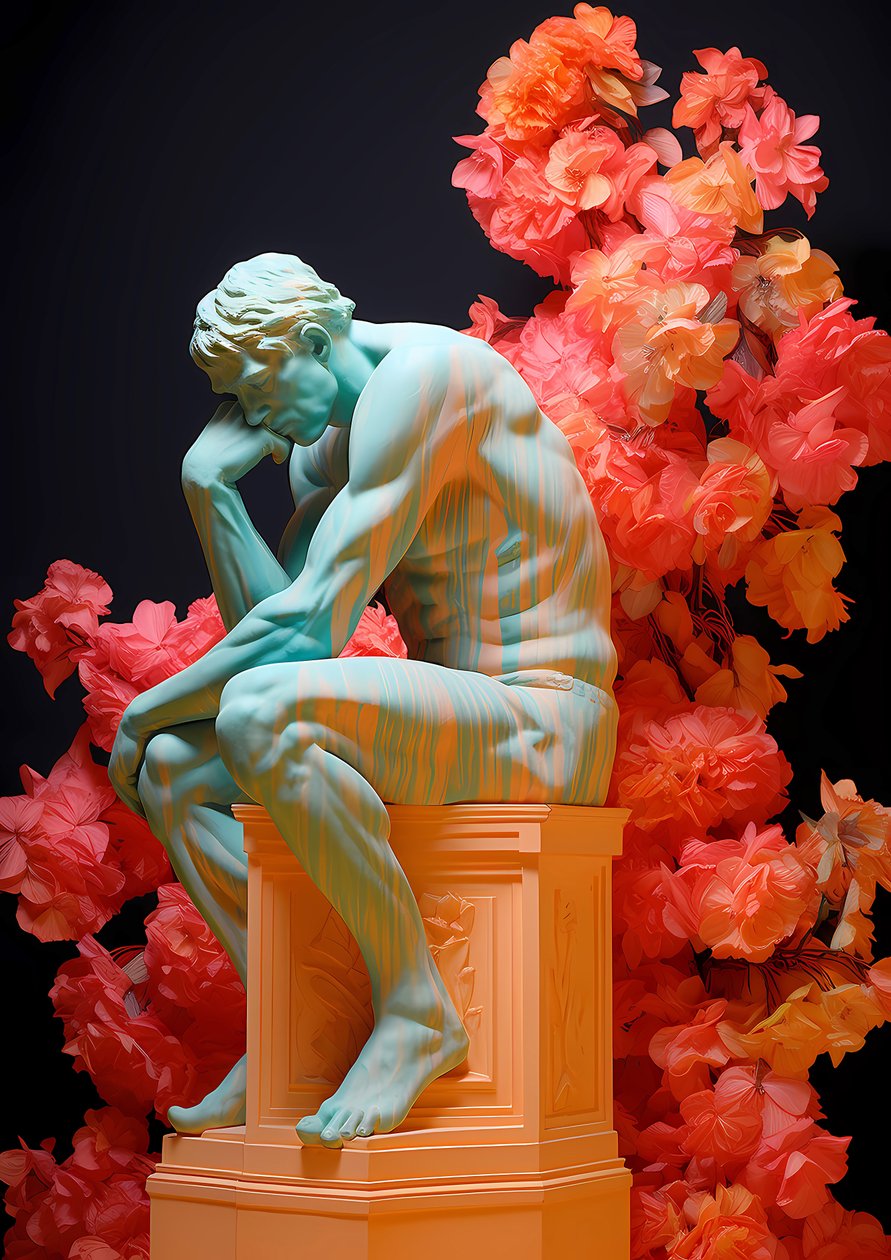 Tænkerstatuen i blomsterdecoupage, Lærredsplakater, online vægkunsttryk af F. Abderrahim