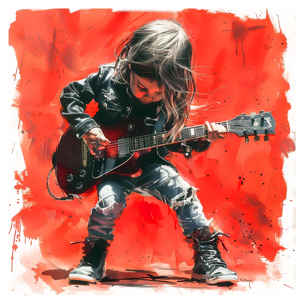 Et barn spiller elektrisk rockguitar, Musik kunstmalerier til salg, kunsttryk på lærred af F. Abderrahim