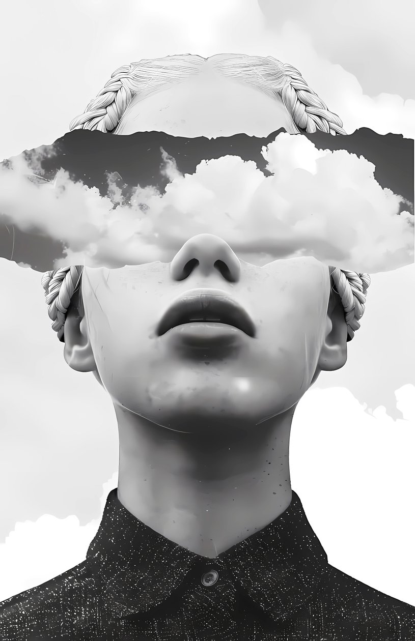 Papir collage kunst, sky og abstrakt kvinde portræt, online lærred kunst print af F. Abderrahim