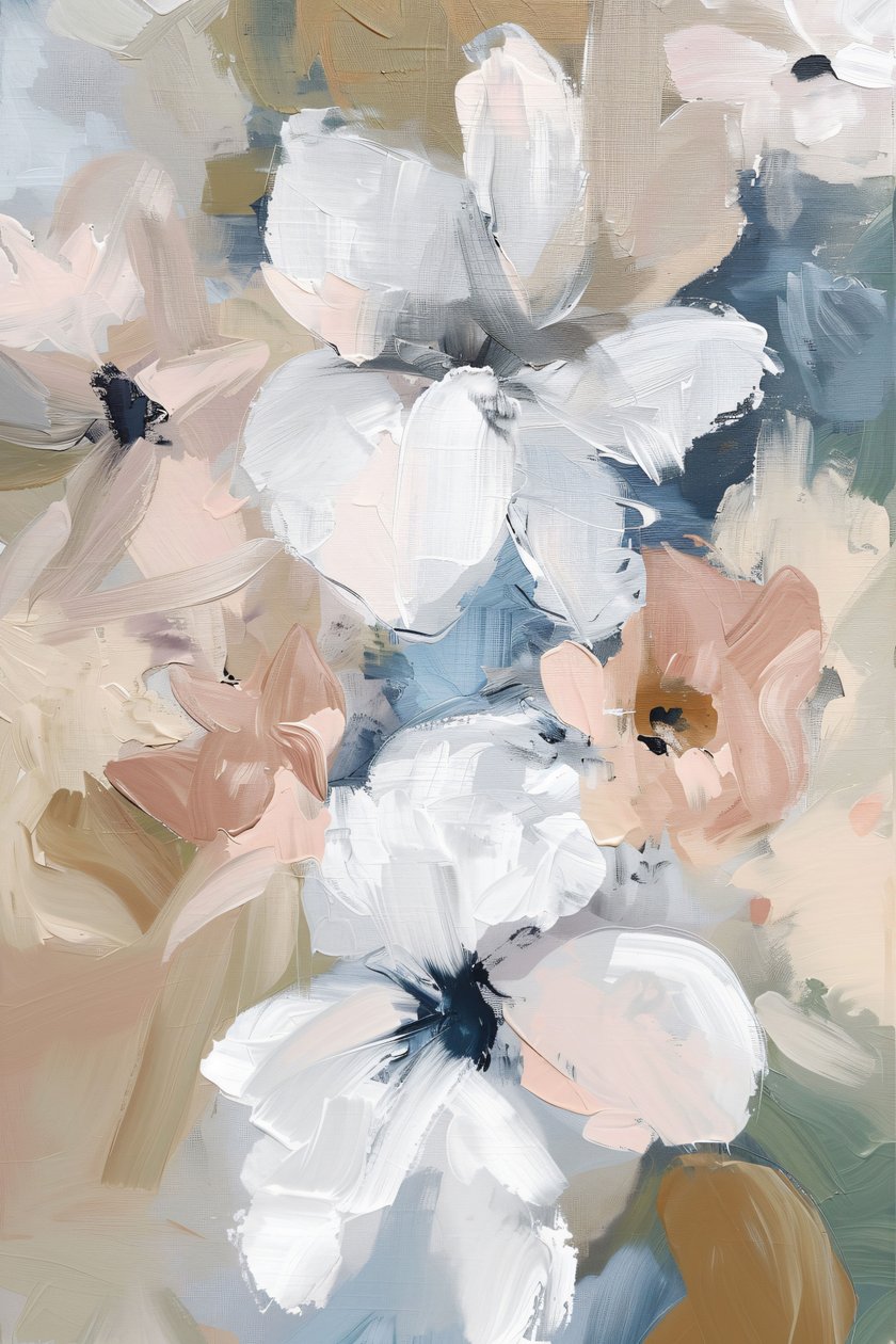 Abstrakte blomster pastelfarvet neutral kunstprint til soveværelse moderne vægdekoration af F. Abderrahim