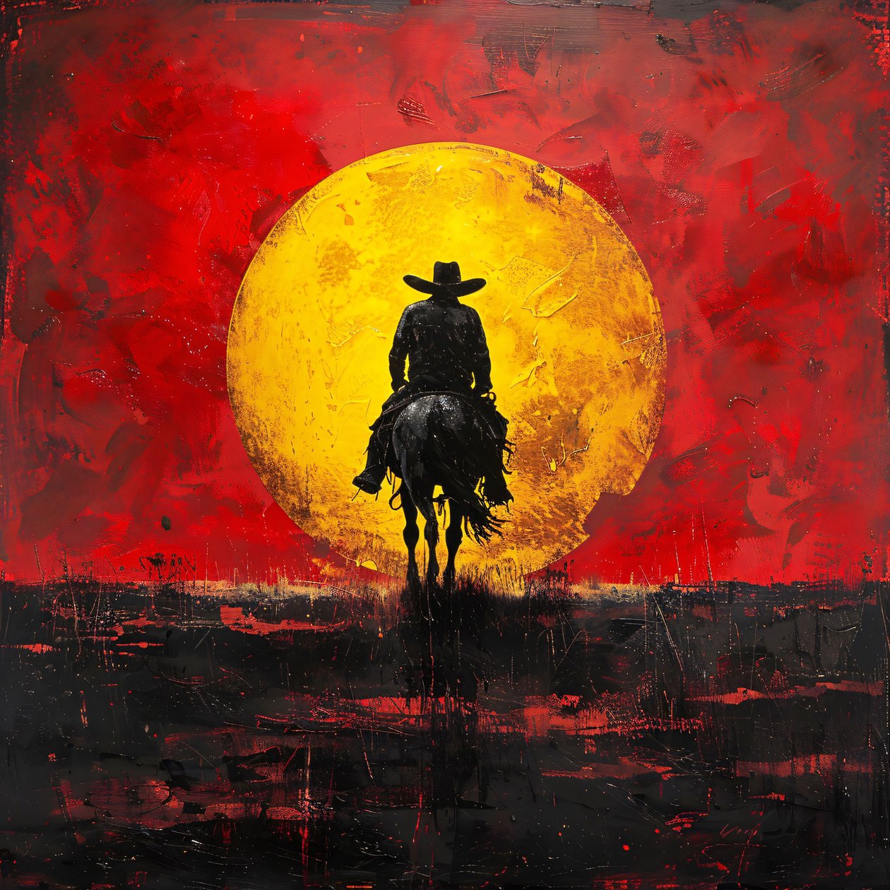 Vintage Western Cowboy and Sunset Cartoon Poster til vægdekoration af F. Abderrahim