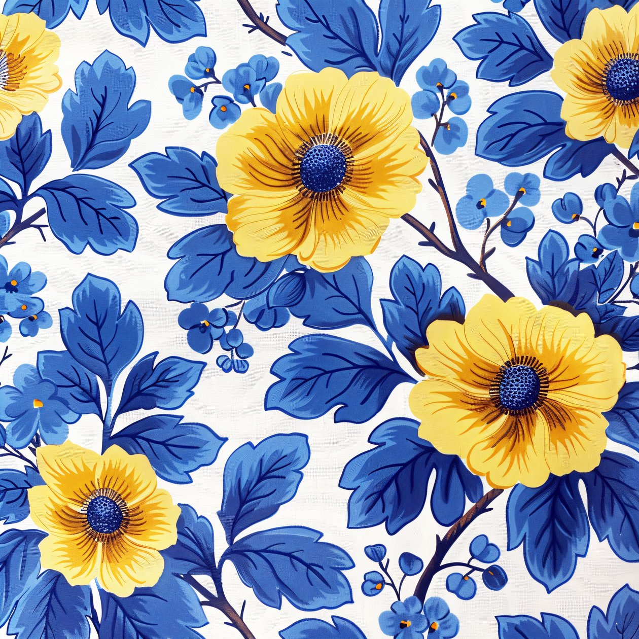 Blåt og gult blomstret blokmønster til moderne Wall Art Prints af F. Abderrahim