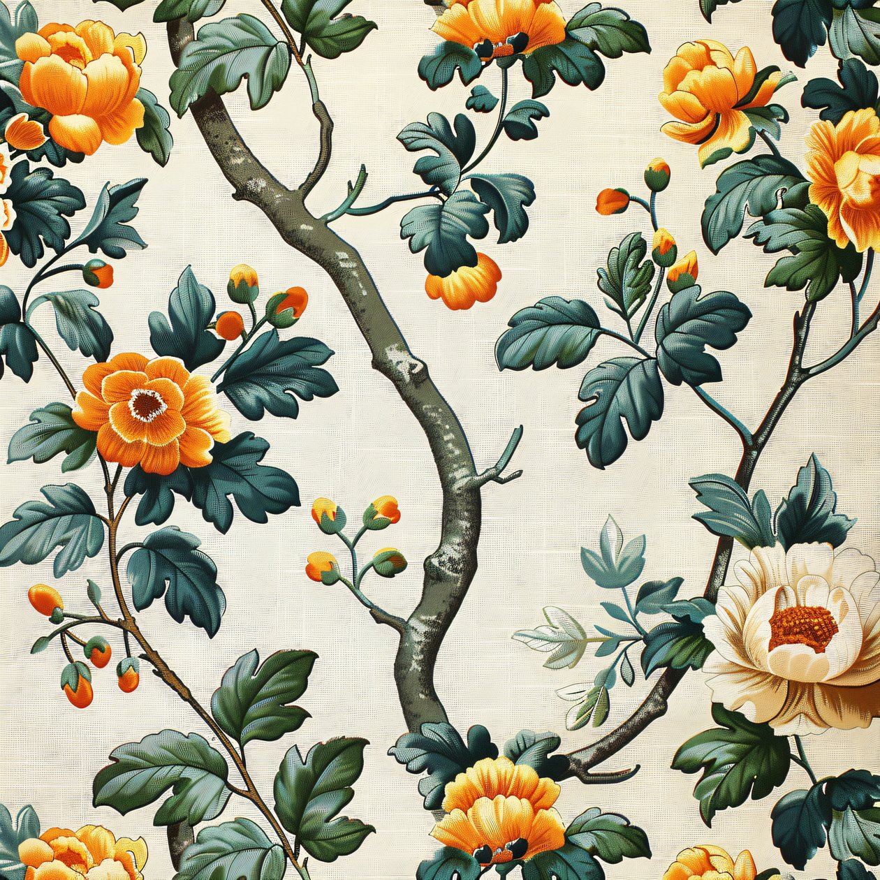 Custom Wall Art  Décor : Grønt og orange blomstret blokmønster af F. Abderrahim