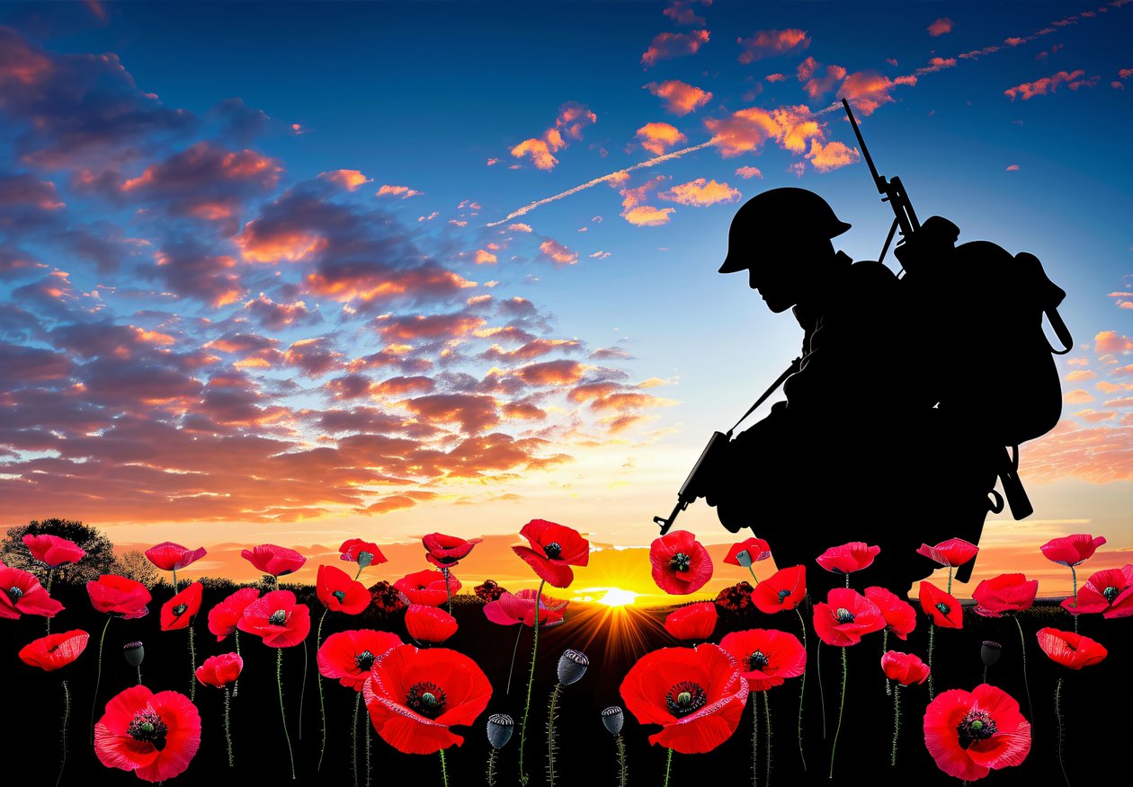 Silhuet af en soldat i solnedgang med valmueblomster til fotokunst på væggen af F. Abderrahim