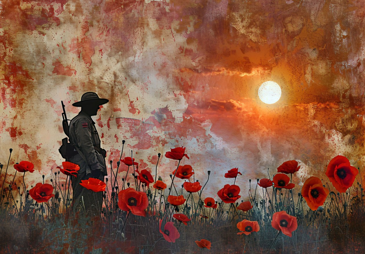 Silhuet af en soldat på en mark med valmueblomster af F. Abderrahim