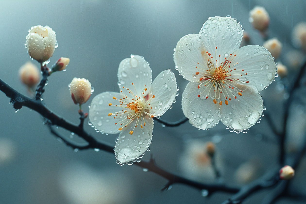 Hvide blomster under morgenduggen til zen-vægdekoration af F. Abderrahim