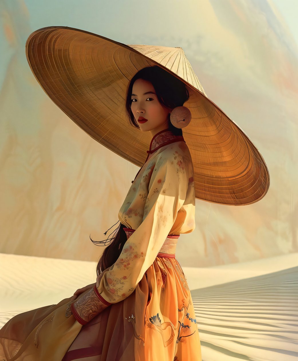 Kinesisk kvinde i en gul kimono i en ørken | Asiatiske figurer vægbilleder af F. Abderrahim