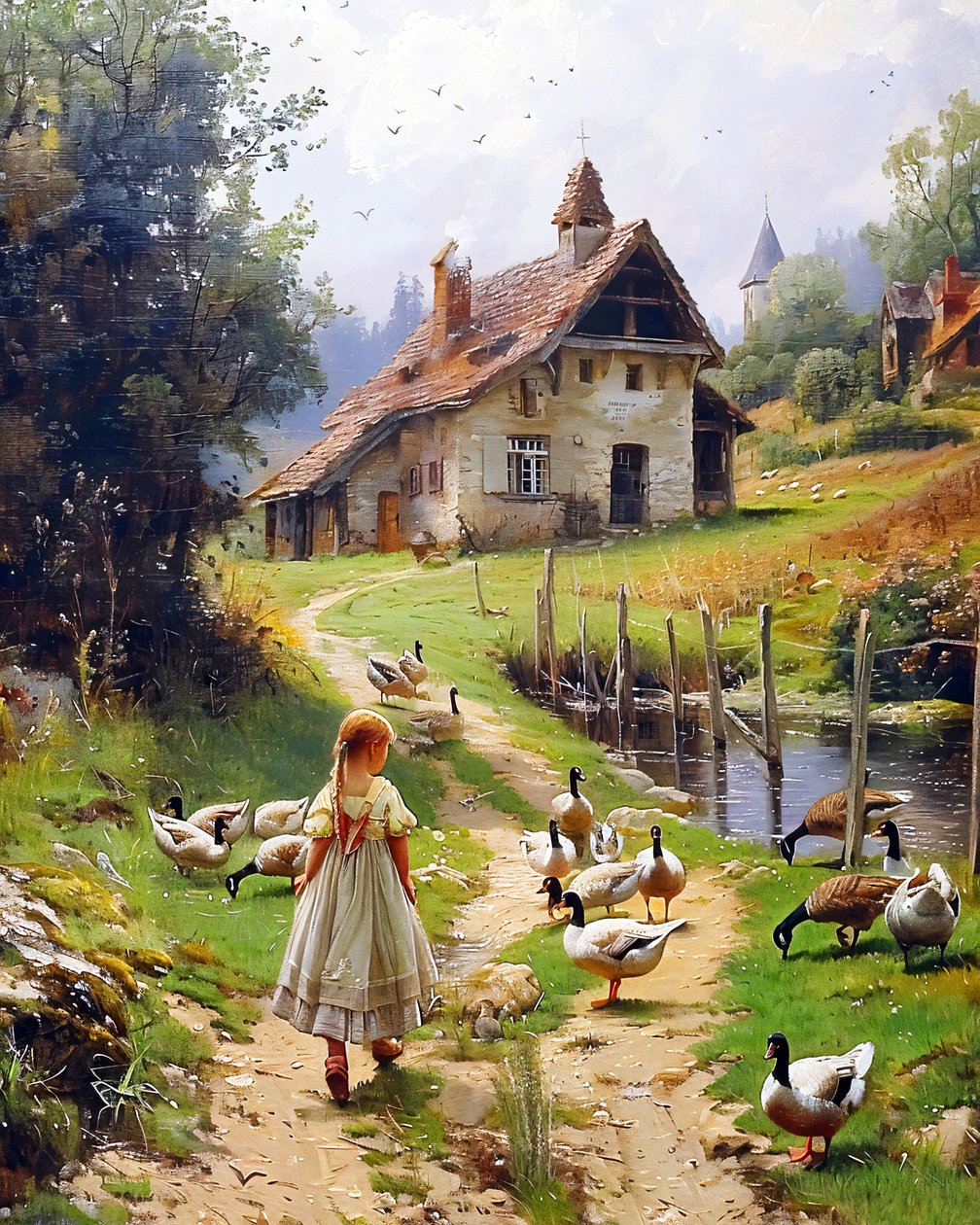 Pige og fjerkræ i gammelt europæisk landskab Berkshire Homestead style art prints af F. Abderrahim