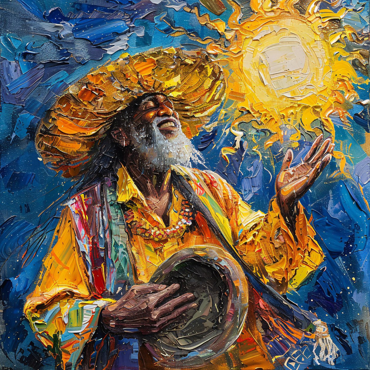 Glad mexicansk mand med hat, der danser, van Gogh-maleri med penselstrøg af F. Abderrahim
