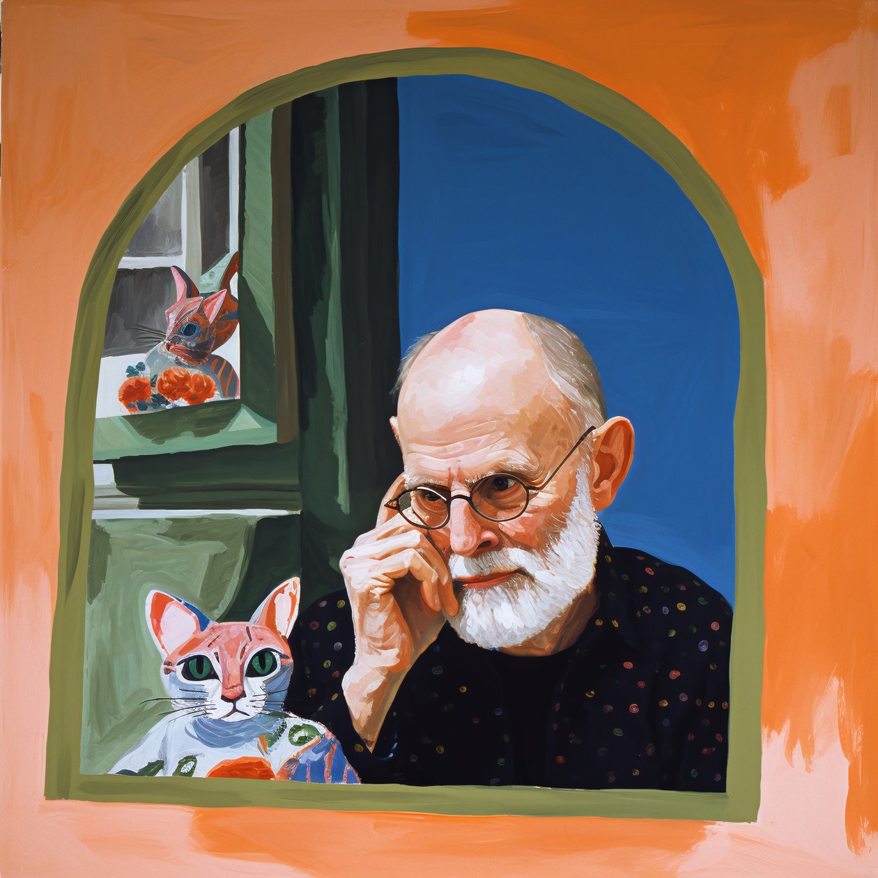 Cat  An artist looking in a mirror, moderne lærredstryk og vægkunst af F. Abderrahim