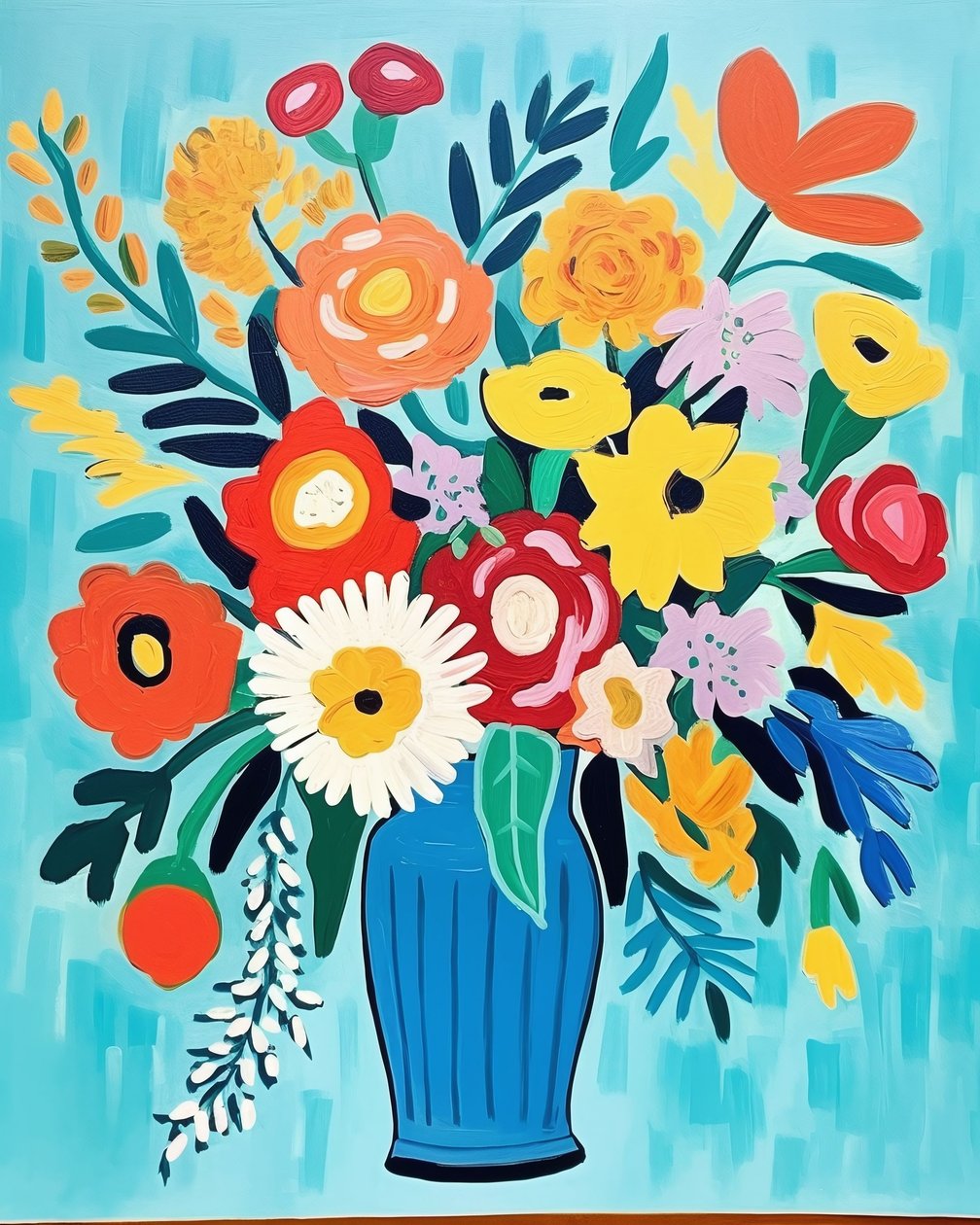 Matisse-inspirerede blomster i en vase | blomsterkunsttryk til vægdekoration af F. Abderrahim