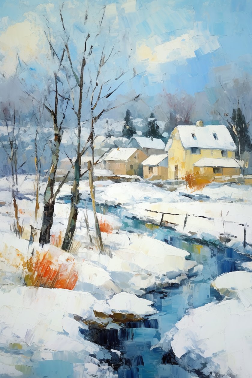 Landsby i snedækket landskab oliemaleri | Nature wall art prints af F. Abderrahim
