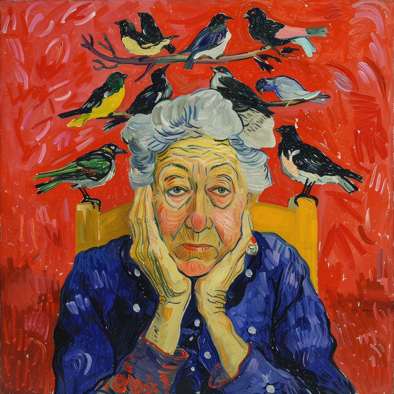 Kvinde med fugle på hovedet: maleri i Matisse-stil | vægdekoration, kunsttryk af F. Abderrahim