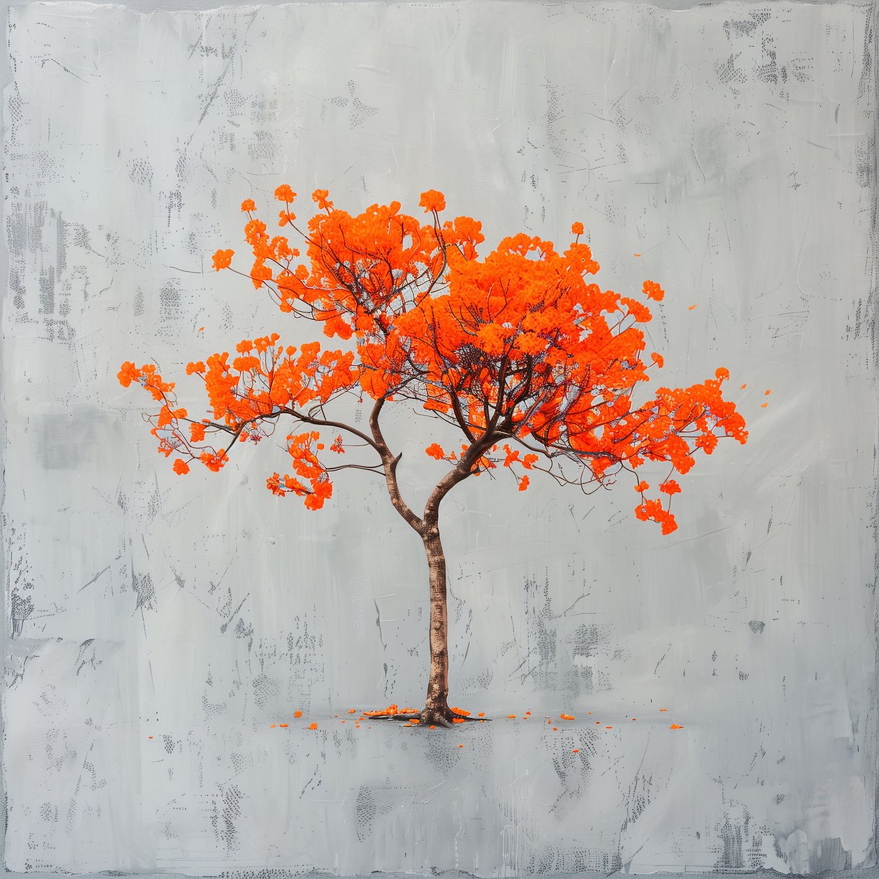 Minimalistisk maleri: Orange blad og grå baggrund; vægbilleder af F. Abderrahim