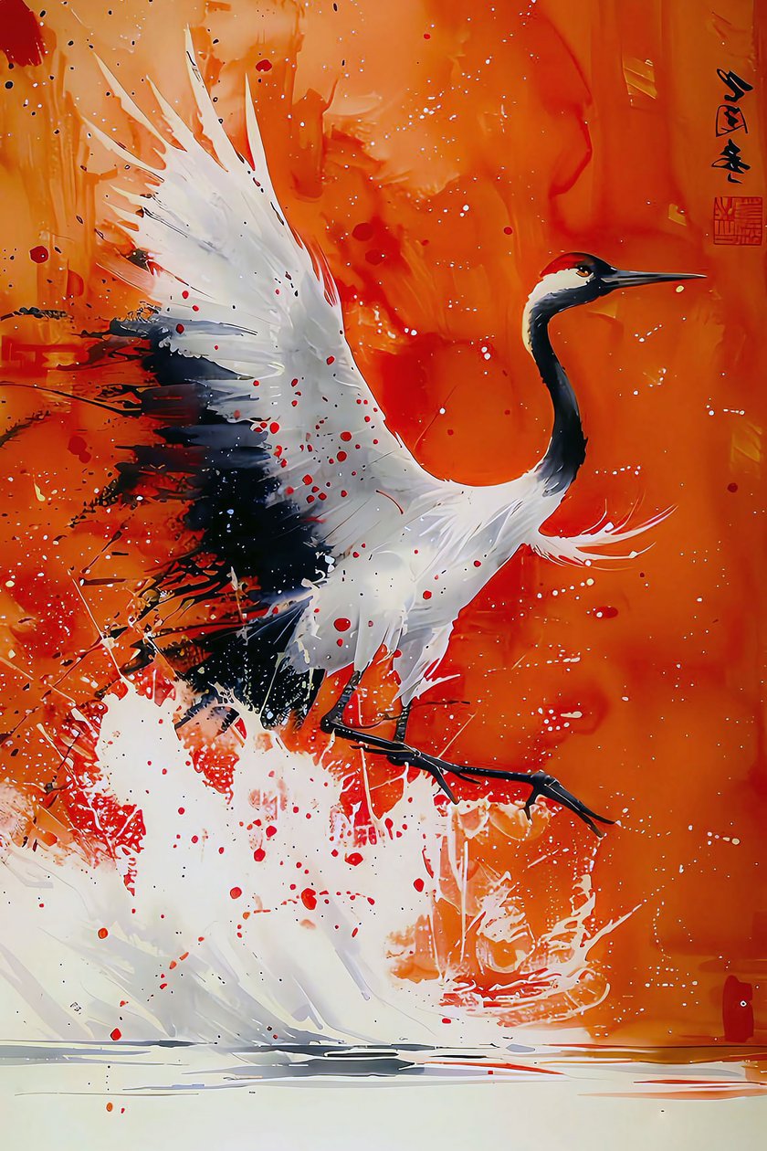 Stork malet i varme farver i asiatisk kunstnerisk stil, vægdekoration til soveværelset af F. Abderrahim