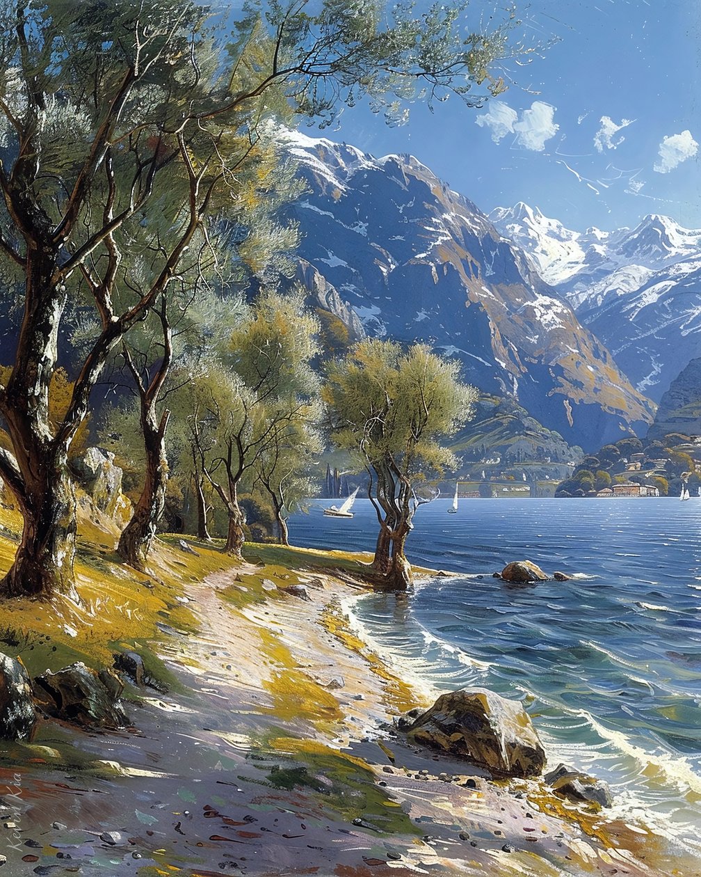 Bjerg- og skovlandskab med en stille sø, online kunsttryk af F. Abderrahim