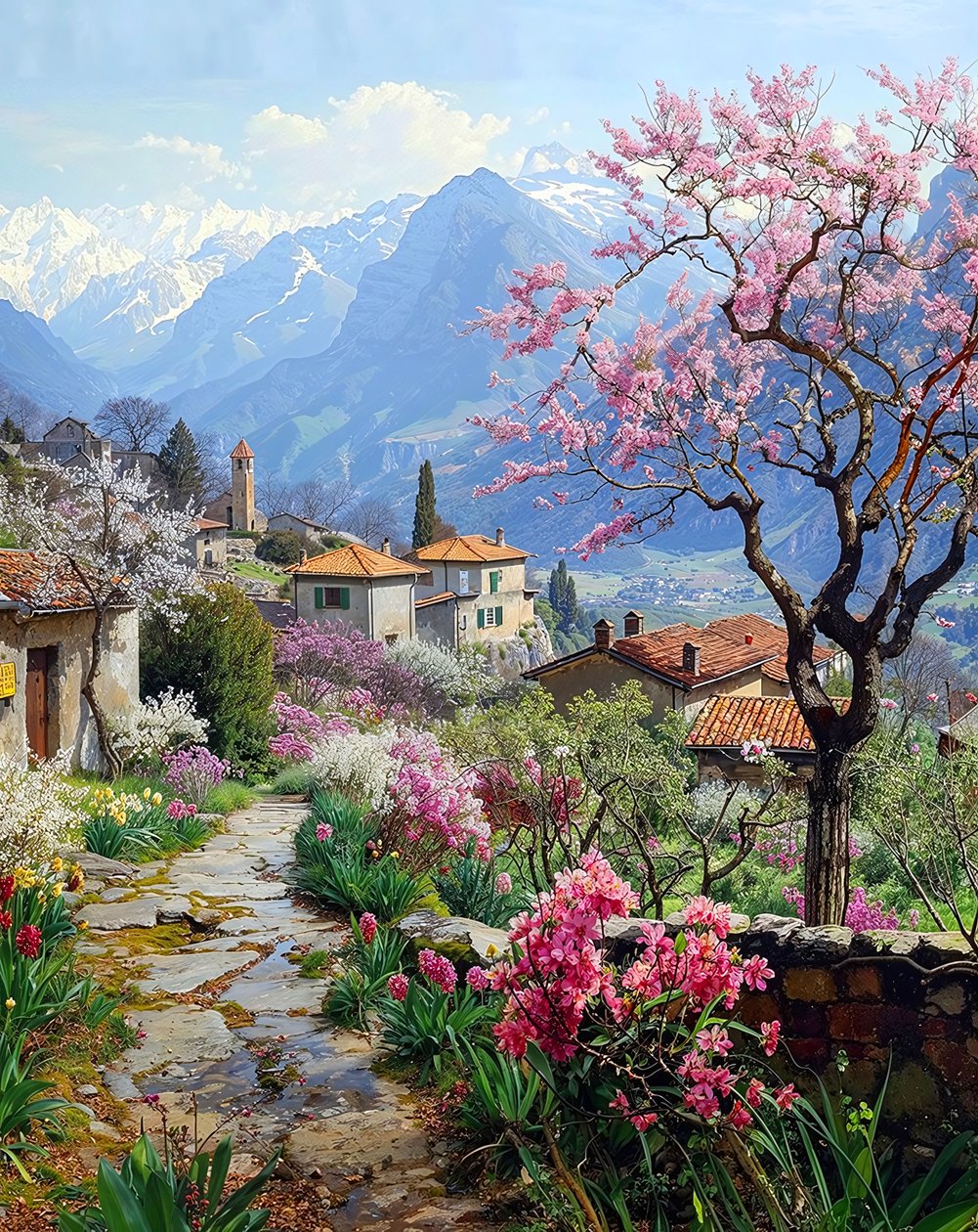 En smuk landsby omgivet af blomstrende planter i et bjergrigt landskab af F. Abderrahim