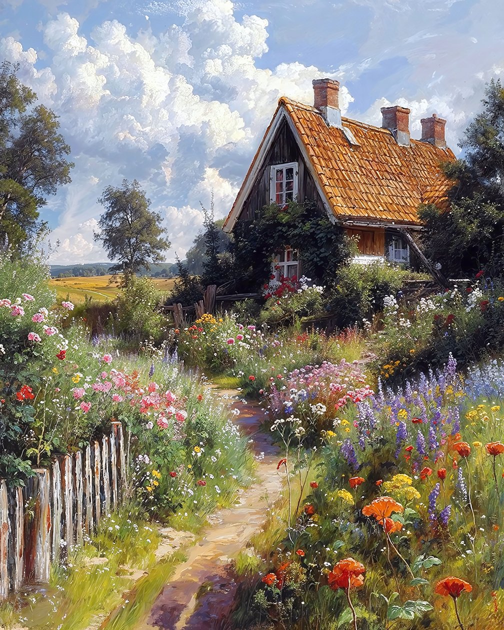 Smukt hus, blomsterhave, botanisk landskab, lærredstryk af F. Abderrahim