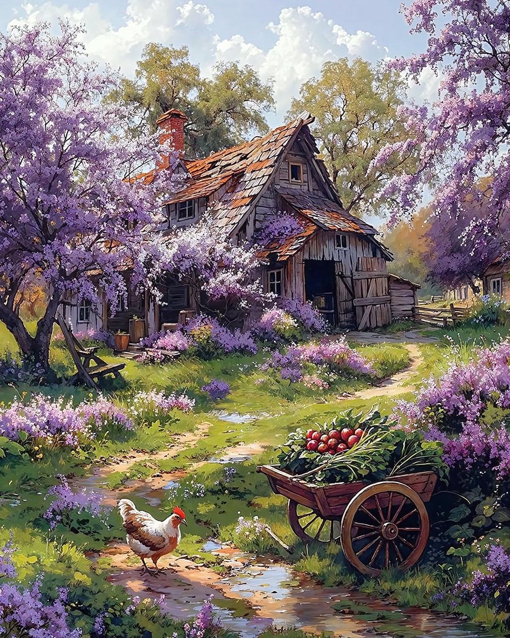 Traditionel bondegård omgivet af lyserøde blomster, ideer til vægdekoration af F. Abderrahim