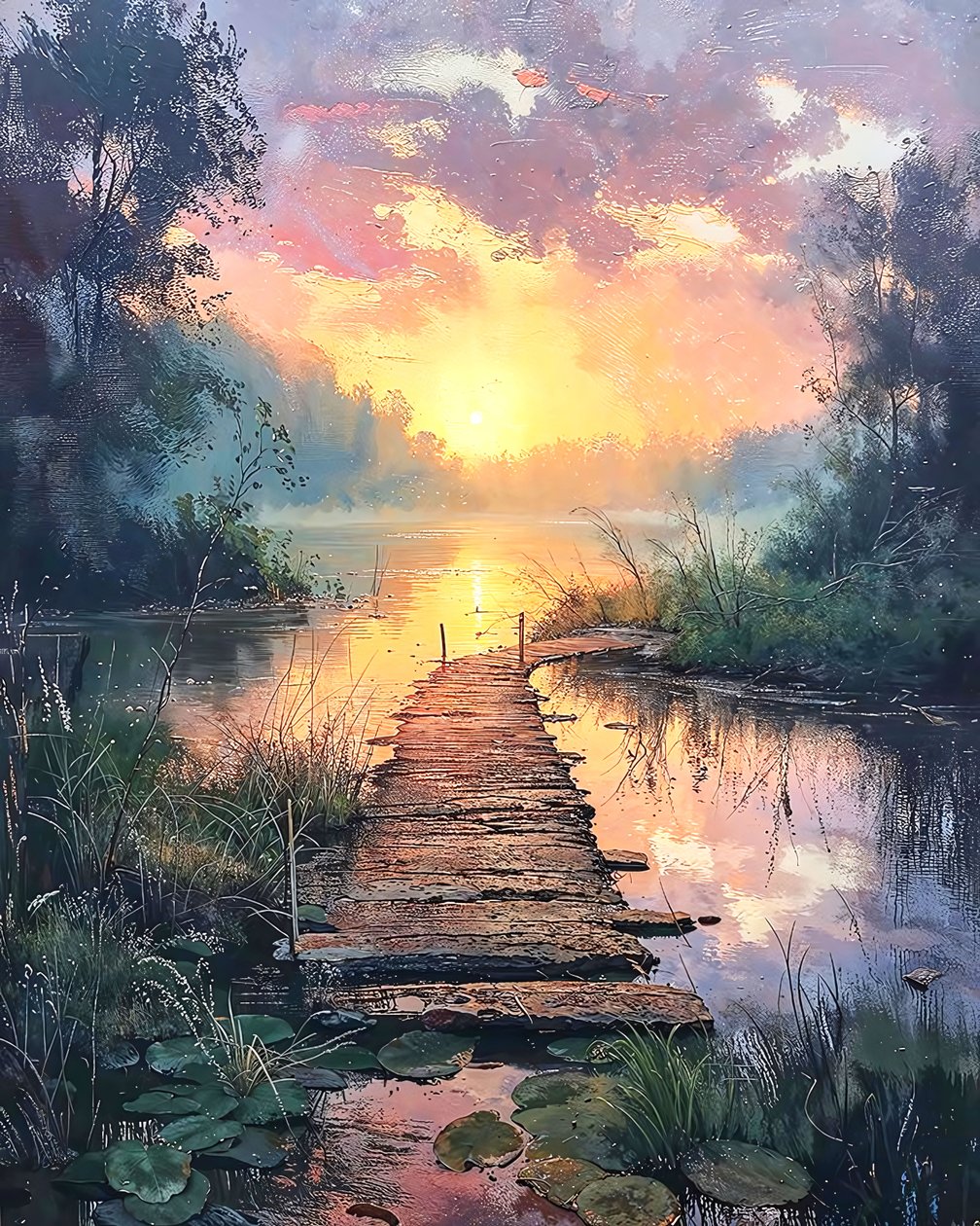 Smukt landskab ved solopgang, lærred til vægdekoration Abstrakt kunst af F. Abderrahim