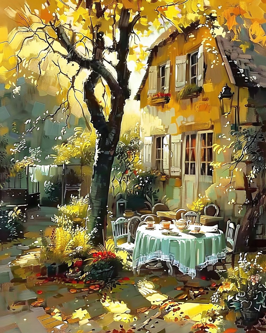 Frokostbord i haven ved et hus i Frankrig, online kunsttryk af F. Abderrahim