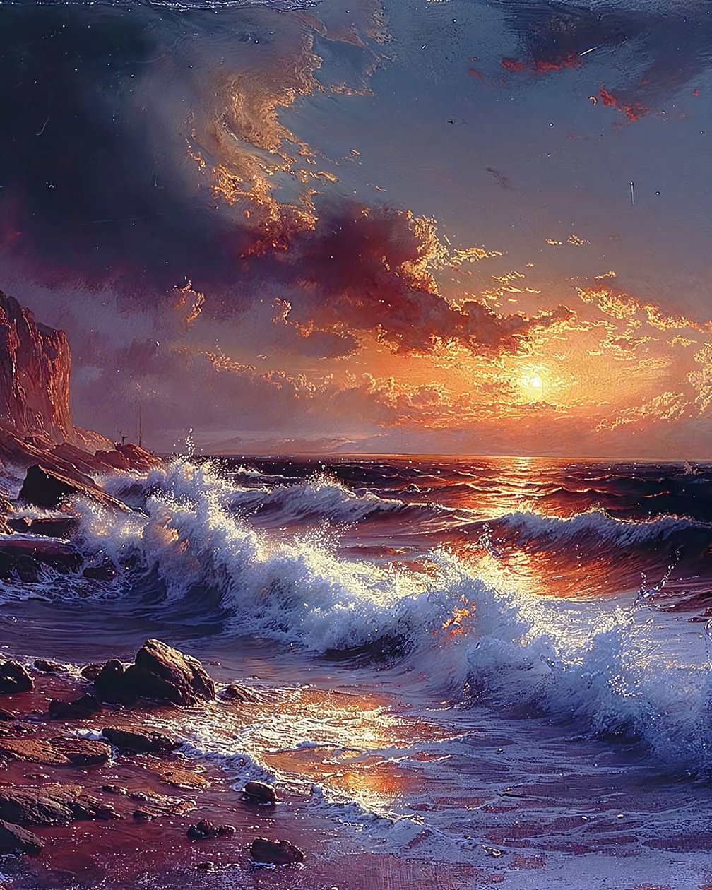 Delikat tegning af bølger ved solnedgang ved havet, Natur vægdekoration af F. Abderrahim