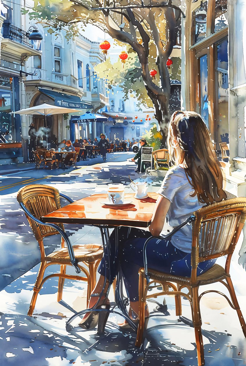 En kvinde sidder i en stol på en café på en gade i Paris, indrammet vægdekoration af F. Abderrahim