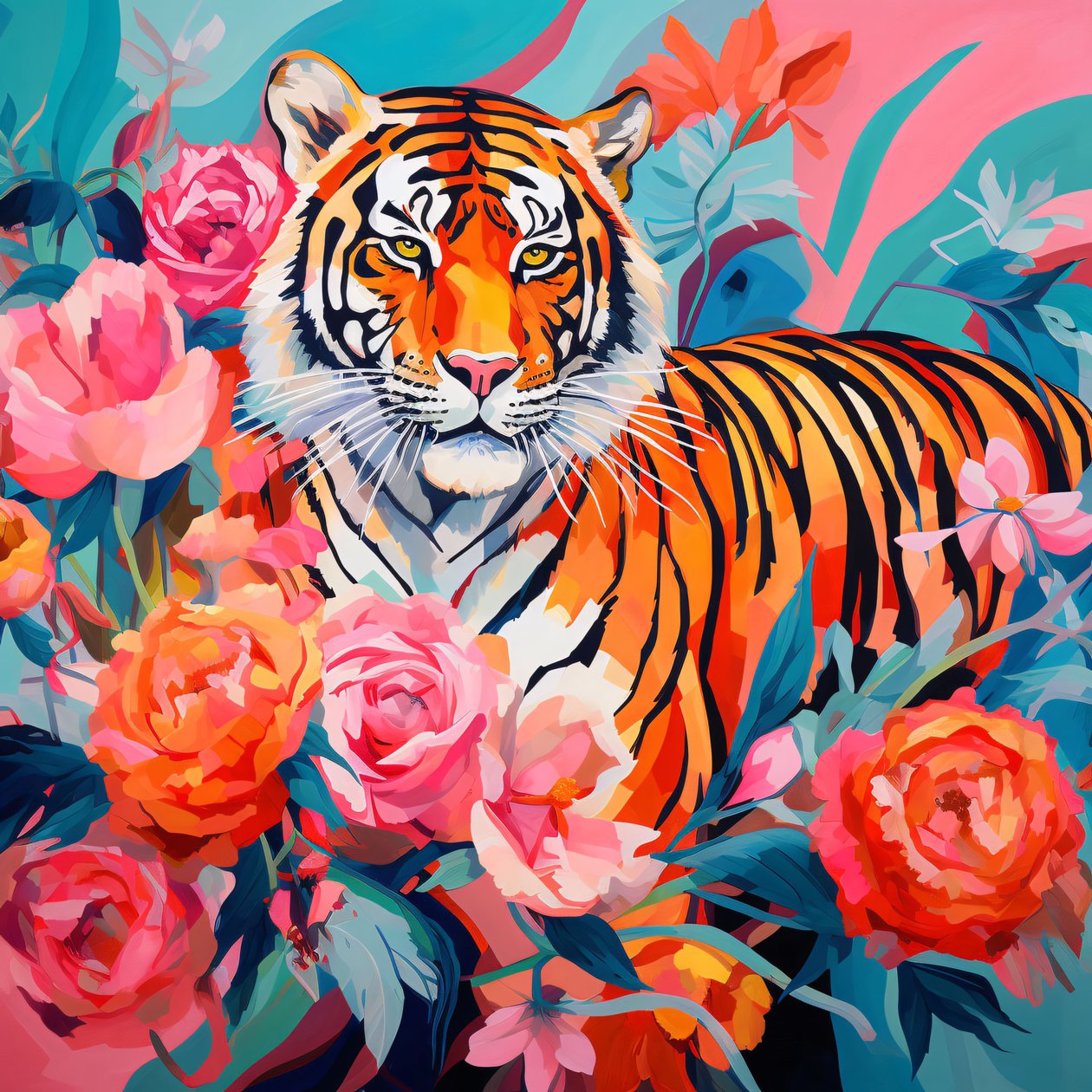 Abstrakt maleri Peony Rose  tiger, levende farver, ideer til vægindretning af F. Abderrahim