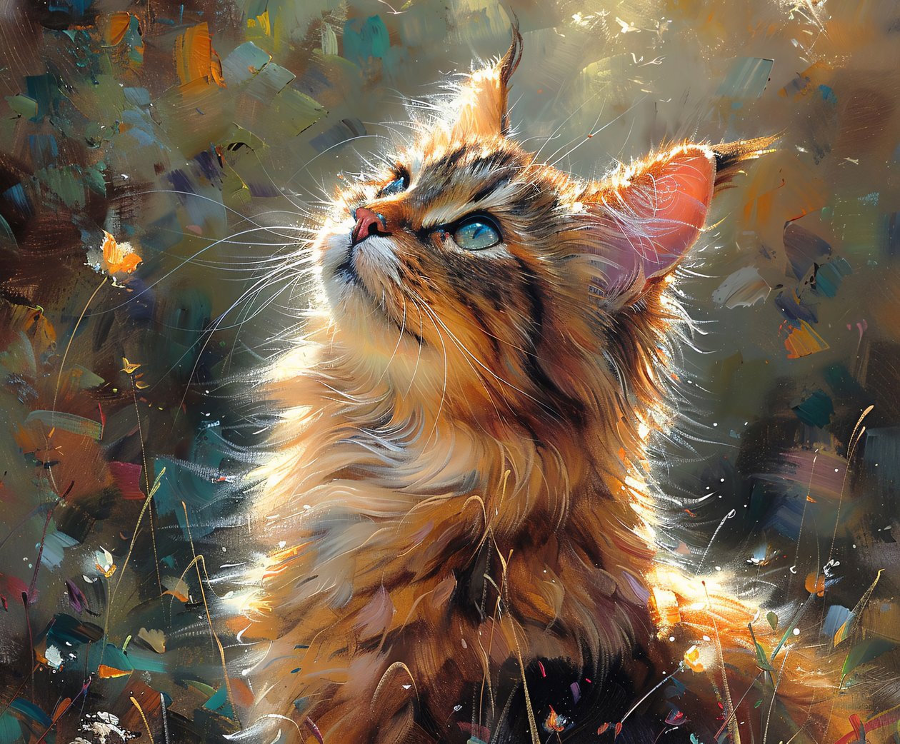 Fluffy kat, der kigger op, sødt kæledyr Realistisk maleri, indrammet vægdekoration af F. Abderrahim