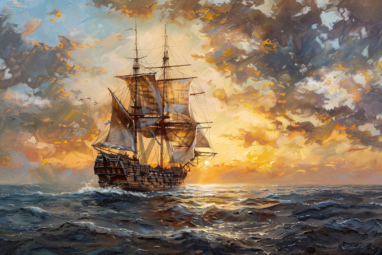 Oliemaleri Piratskib i havet ved solnedgang, indrammet vægdekoration af F. Abderrahim