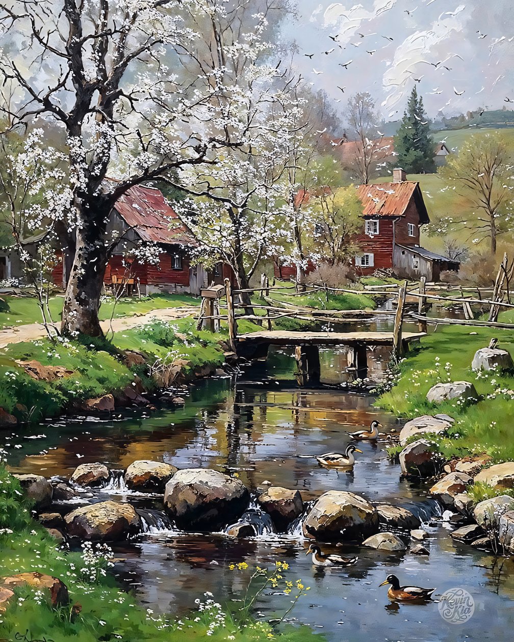 The Mill Cottage in Spring, olie på lærred, indrammet vægdekoration af F. Abderrahim