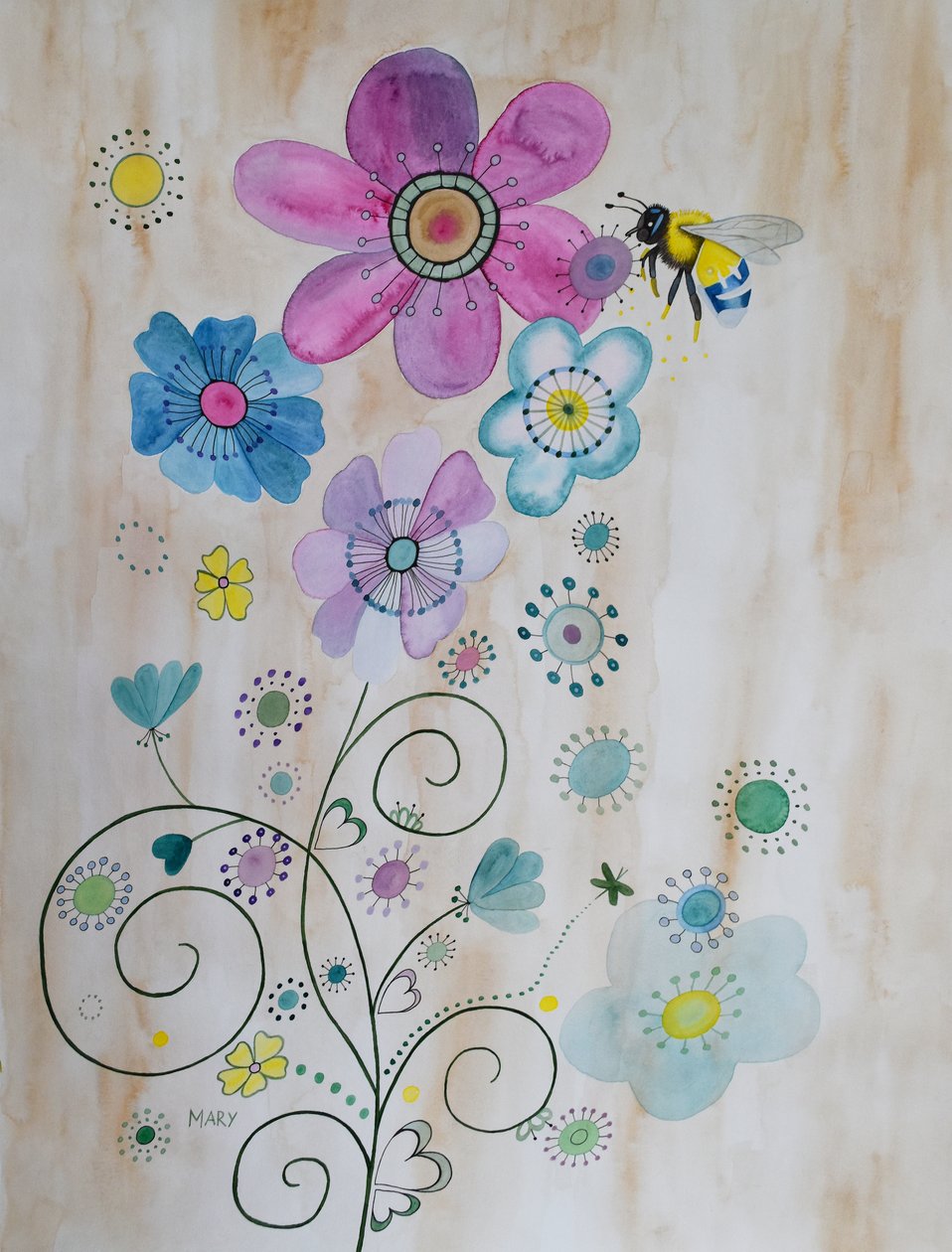 Bierne og deres blomster af Marys Watercolors